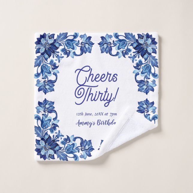 Toalha De Rosto Cheers thirty birthday royal blue floral border na (Pano de lavar)