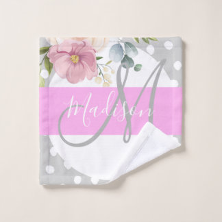 Toalha De Rosto Chic & Girly Floral Branco Rosa Cinza Monograma No