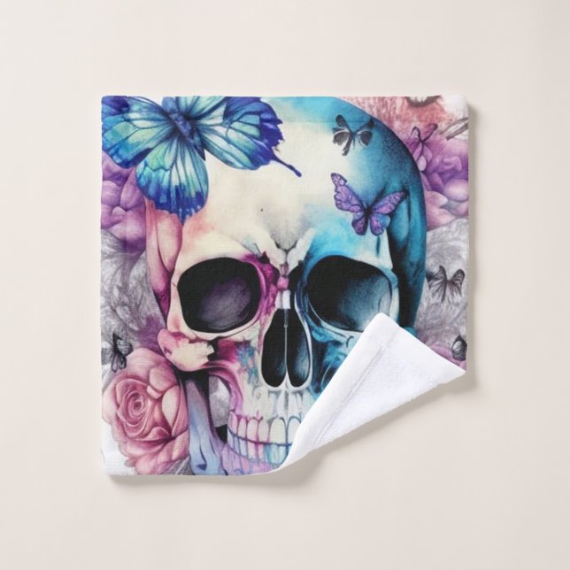Toalha De Rosto Crânios, rosas e borboletas (Pano de lavar)