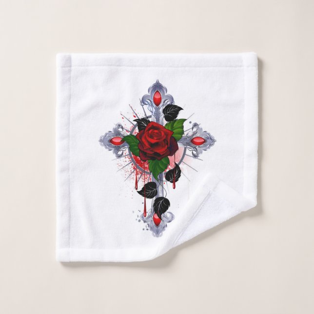 Toalha De Rosto Cruz de Prata com Rosa vermelha (Pano de lavar)