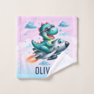Toalha De Rosto Cute Dino Trex Piloto Voando Jato Aeronave