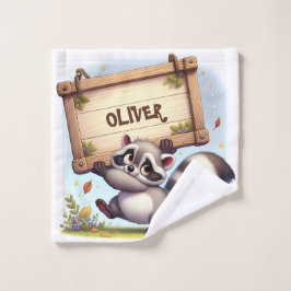 Toalha De Rosto Cute Raccoon com Sinal de Nome Personalizável