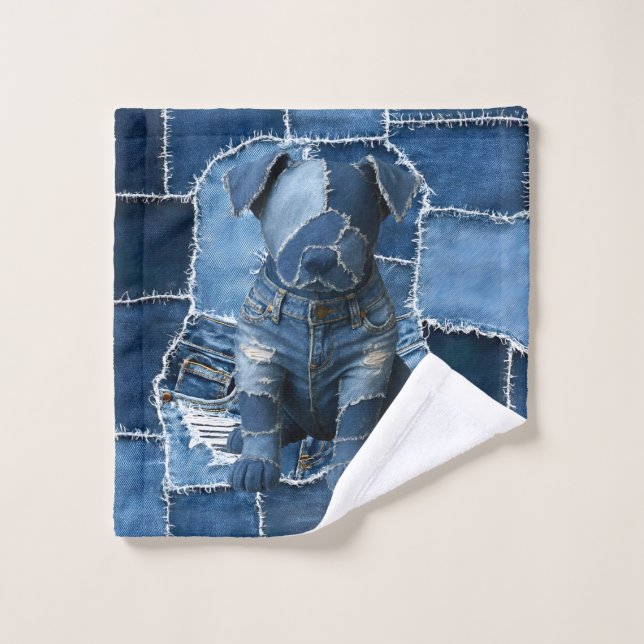 Toalha De Rosto Dog Patchwork Art Denim (Pano de lavar)