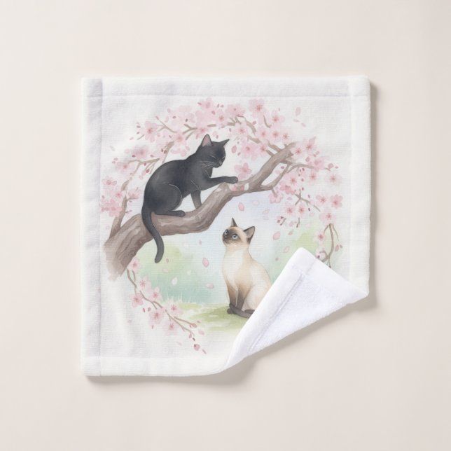Toalha De Rosto Elegant Black Cat with Japanese Cherry Blossoms (Pano de lavar)