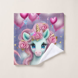 Toalha De Rosto Fantasy White Baby Unicorn com Corações Rosa
