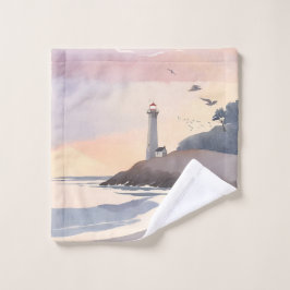 Toalha De Rosto Farol Costeiro | Pintura em Aquarela de Praia