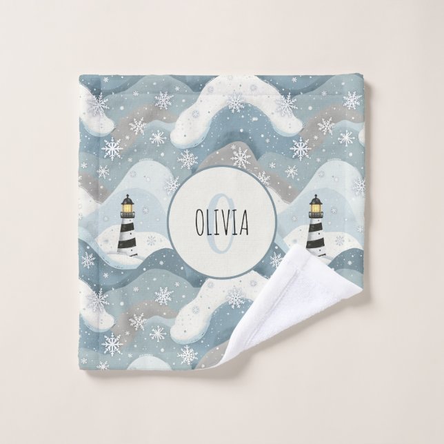 Toalha De Rosto Farol e Ondas de Gelo Monograma Náutico de inverno (Pano de lavar)