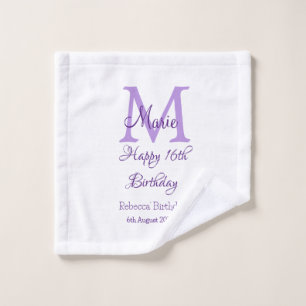 Toalha De Rosto Feliz 16º Aniversário, púrpura, adiciona nome mono