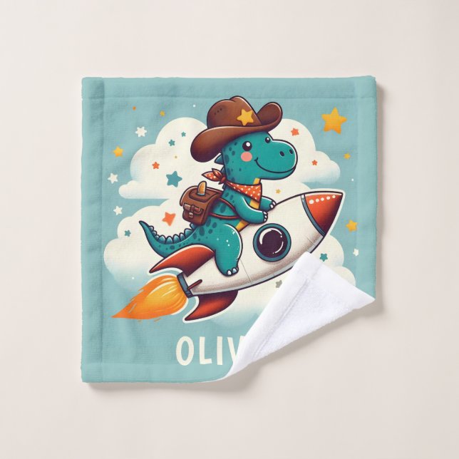 Toalha De Rosto Foguete Espacial Dino Trex Riding Personalizado (Pano de lavar)