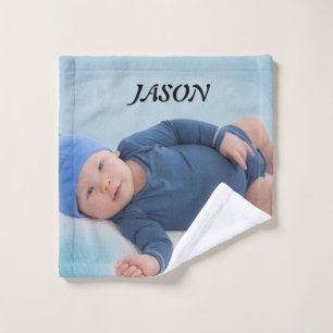 Toalha De Rosto Foto personalizada de bebê personalizada azul