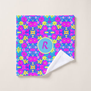 Toalha De Rosto Fundo com padrão de flores rosa azul amarelo adici