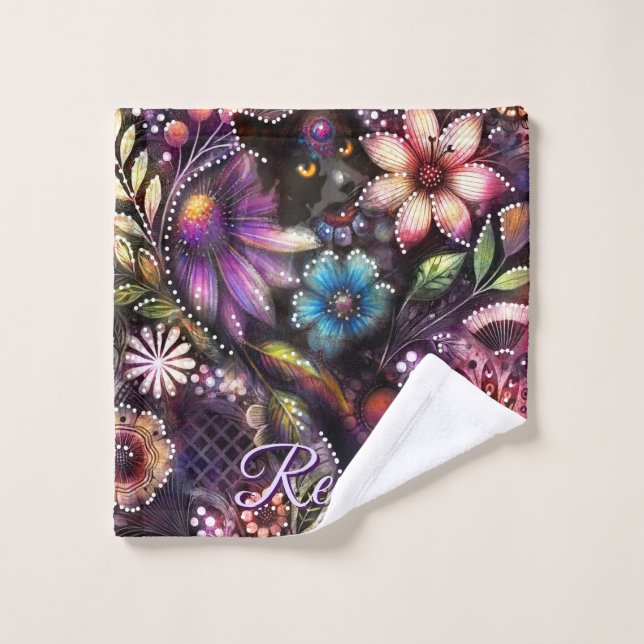 Toalha De Rosto Garden Kitty Cat Floral Abstract Personalized (Pano de lavar)