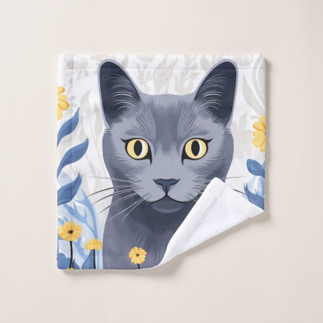 Toalha De Rosto Gato Azul Russo Flores Amarelas (Pano de lavar)