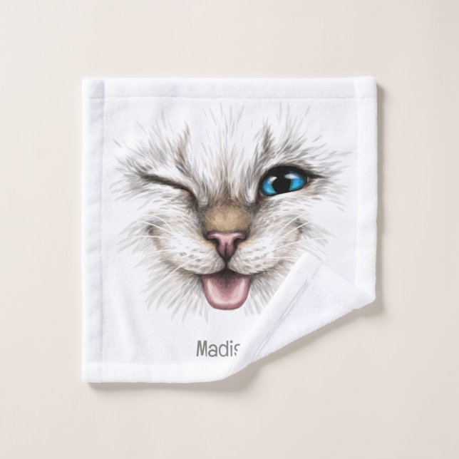 Toalha De Rosto Gato de Winking de Nome Personalizado (Pano de lavar)