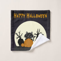 Gato Preto de Halloween com Pumpkins em um Cemitér