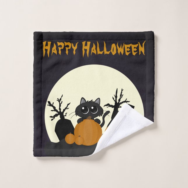Toalha De Rosto Gato Preto de Halloween com Pumpkins em um Cemitér (Pano de lavar)