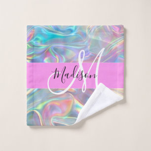 Toalha De Rosto Girly Rainbow Holographic Nome do Monograma Irides