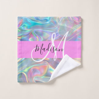 Toalha De Rosto Girly Rainbow Holographic Nome do Monograma Irides