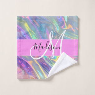 Toalha De Rosto Girly Rainbow Holographic Nome do Monograma Irides