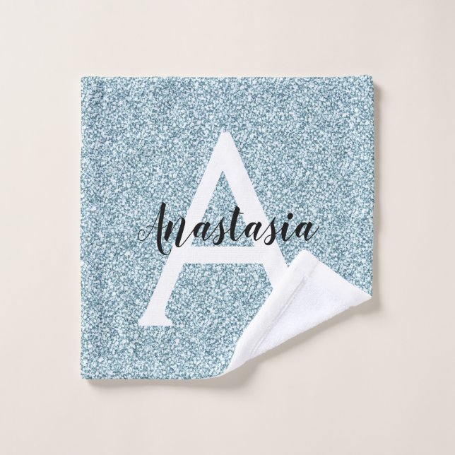 Toalha De Rosto Glam Blue Silver Glitter Sparkles Nome do Monogram (Pano de lavar)