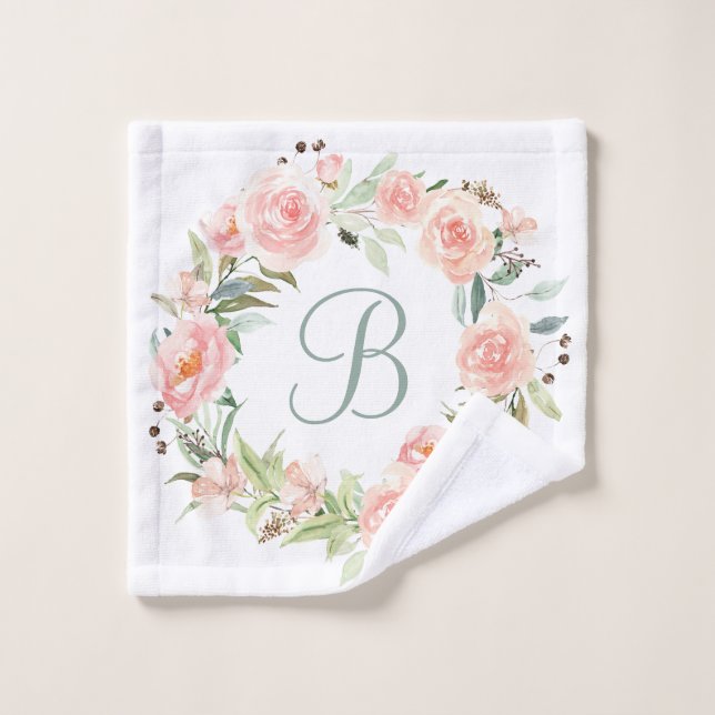 Toalha De Rosto Grinalda de Flores Rosa Pastel Monogramada (Pano de lavar)