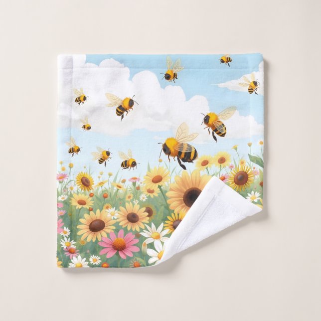 Toalha De Rosto Ilustração de abelhas e flores fofas (Pano de lavar)