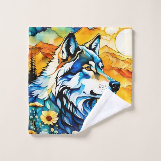 Toalha De Rosto Lobo-cinza e flores selvagens (Pano de lavar)