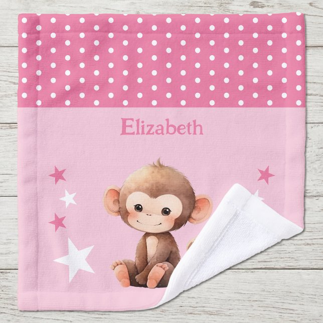 Toalha De Rosto Macaco fofo adicionar nome bolinhas estrelas rosa (Criador carregado)