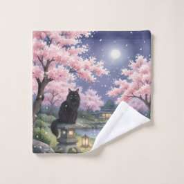 Toalha De Rosto Midnight Zen: Black Cat & Cherry Blossoms under