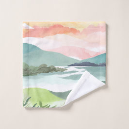 Toalha De Rosto Nascer do Sol na Manhã do Lago | Aquarela Natureza