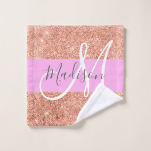 Toalha De Rosto Nome do Monograma de Glitter Dourado Rosa Brilhant