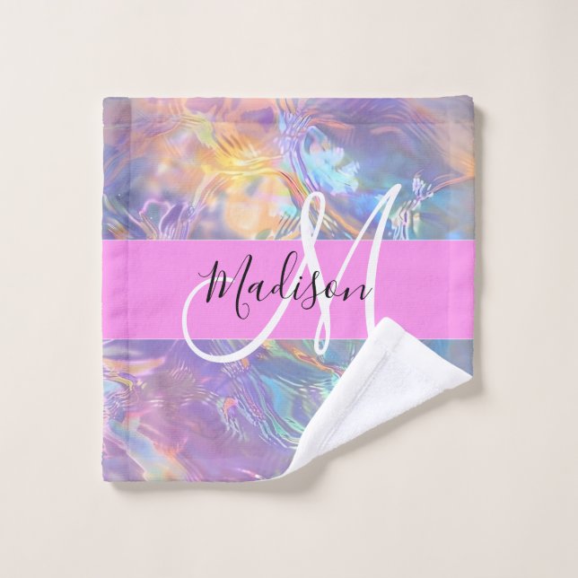 Toalha De Rosto Nome do Monograma Iridescente Holográfico Rosa Gir (Pano de lavar)