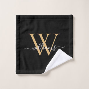 Toalha De Rosto Nome elegante em preto e dourado com monograma per