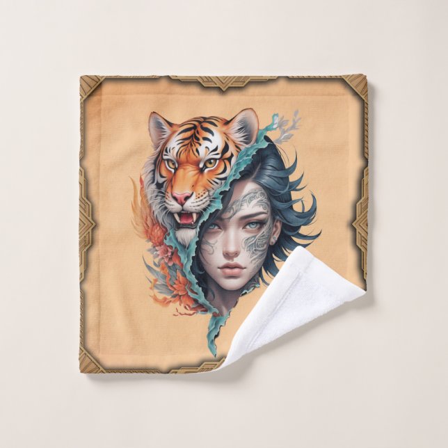 Toalha De Rosto O tigre e a mulher, força e graça. (Pano de lavar)