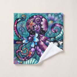 Toalha De Rosto Octopus Floral Teal Roxo Azul Costeira