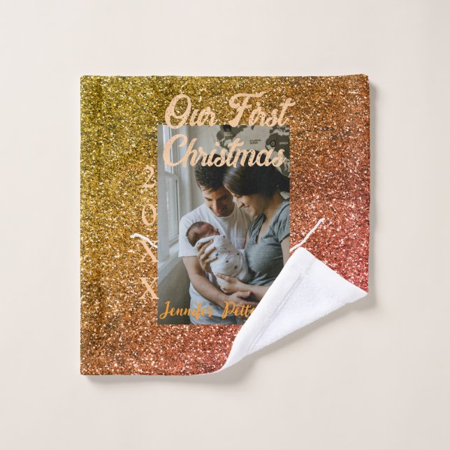 Toalha De Rosto Our first Christmas orange red glitter photo year (Pano de lavar)