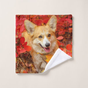 Toalha De Rosto Pembroke Welsh Corgi Puppy Dog em Folhas Vermelhas