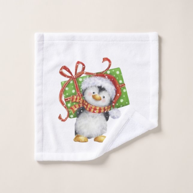Toalha De Rosto Pinguim de Natal Festivo com Presente - Deco de Fé (Pano de lavar)