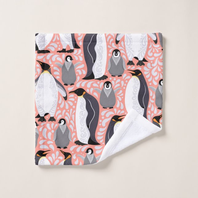 Toalha De Rosto Pinguins imperadores e seus filhotes em um padrão  (Pano de lavar)