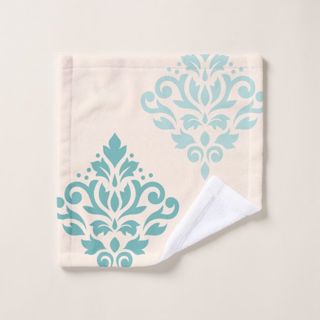 Toalha De Rosto Rolar Damask Art I Teals on Cream (Pano de lavar)