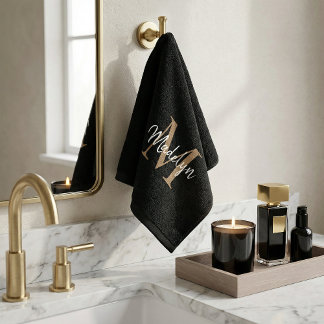 Toalha De Rosto Script de Monograma Dourado Chic Black Elegante Mo