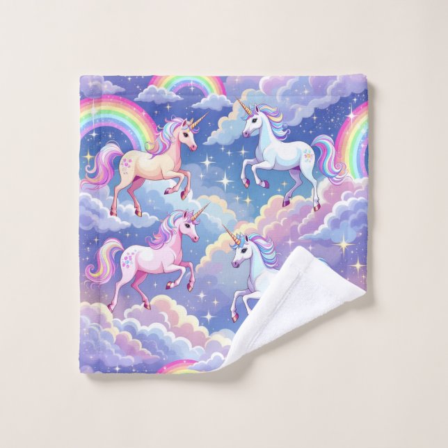Toalha De Rosto Sparkly rainbow and unicorns on clouds (Pano de lavar)