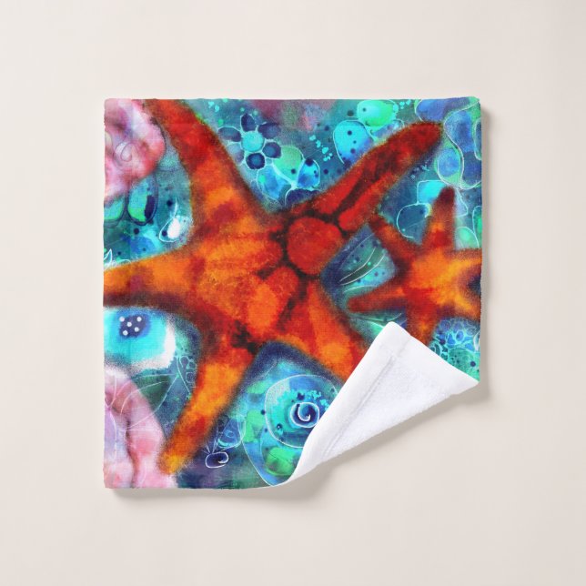 Toalha De Rosto Starfish Seashells Beach Teal Pink (Pano de lavar)