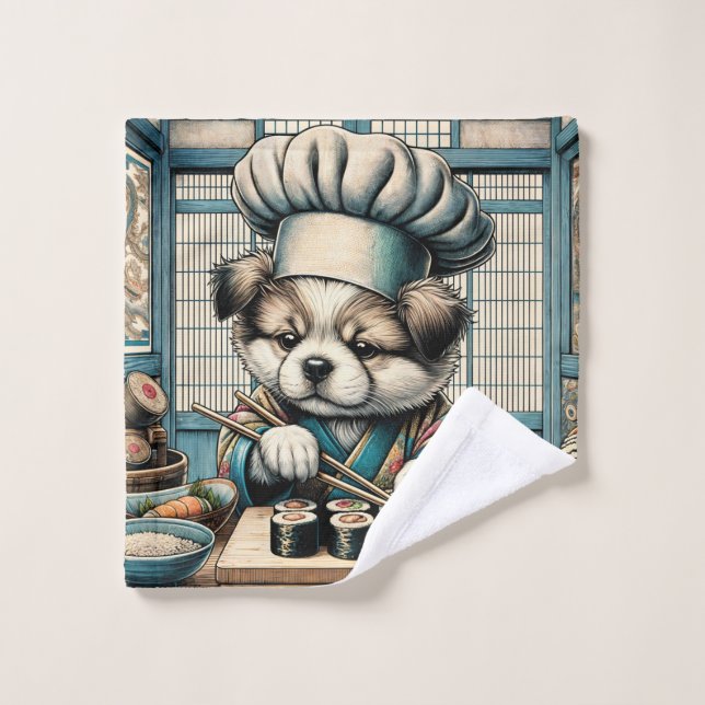 Toalha De Rosto Sushi Chef Puppy Adorável (Pano de lavar)