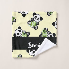 Toalha De Rosto Urso-panda com folhas verdes de bambu