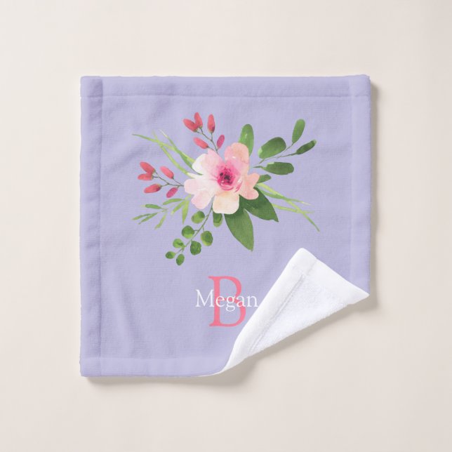 Toalha De Rosto Watercolor Flower, Name & Monogram on Lavender (Pano de lavar)