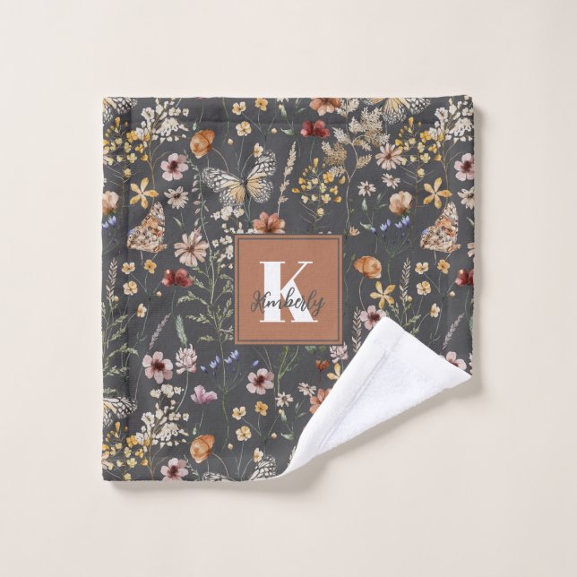 Toalha De Rosto Watercolor Wildflowers Monogram Name (Pano de lavar)