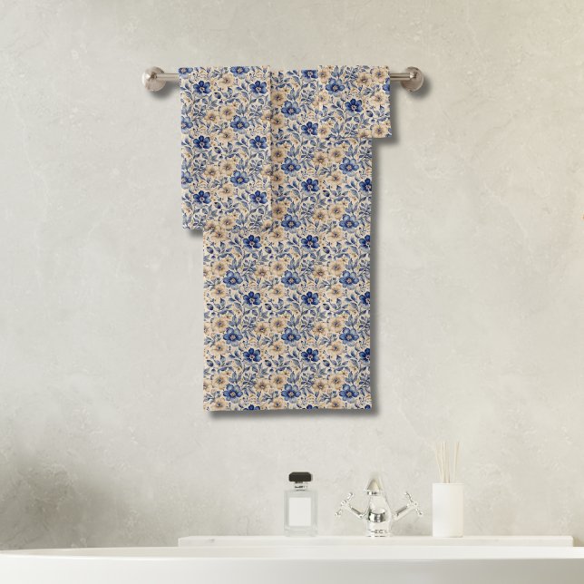 Toalha Floral de Toile Chinoiserie Bege Azul em Aq (Blue Beige Chinoiserie Toile Watercolor Floral Bath Towel Set. Bridal Shower Wedding Gift)
