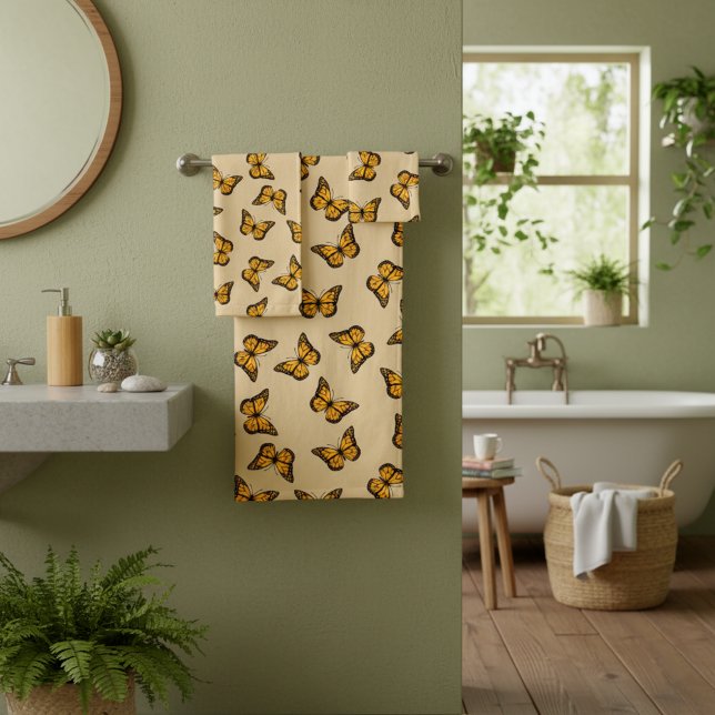 Toalha Laranja Borboleta Banheiro (Butterflies bathroom towel set of three.)