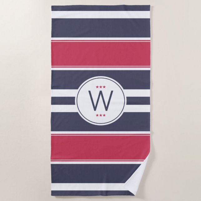 Toalha Preppy Red,White & Blue Stripe Beach (Frente)